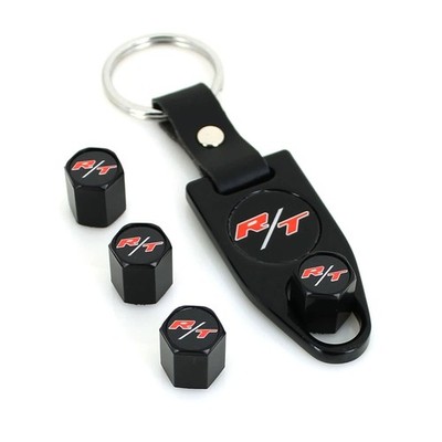 Dodge R/T Logo Tire Valve Caps  and Wrench Key Chain (Black)