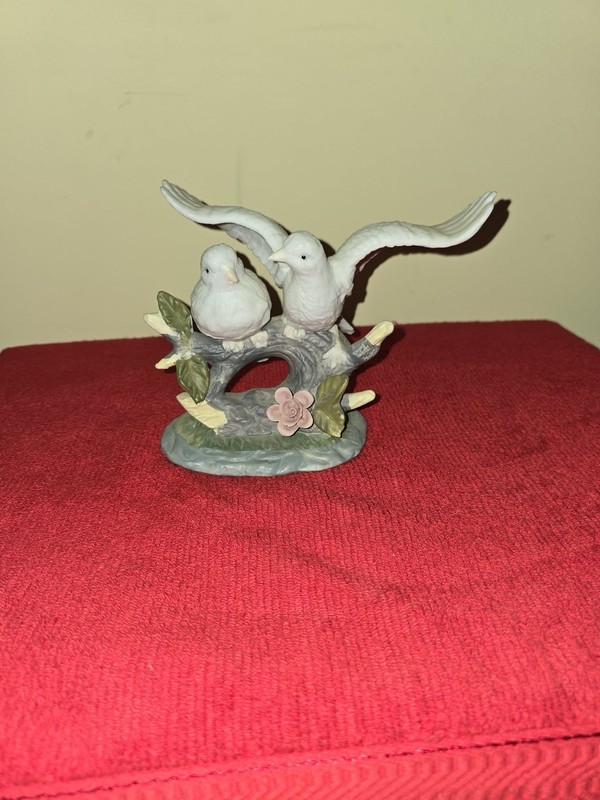 Porcelain Dove Figurine Pair on Branch with Flower Decorative Collectible