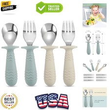 4 Set Baby Toddler Silicone Stainless Steel Utensils Silverware Spoon Fork fo...