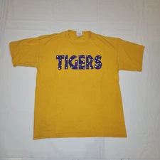 Vtg Tigers Gold Purple Spellout T-Shirt Retro Gildan Ultra Cotton 100% Size L 