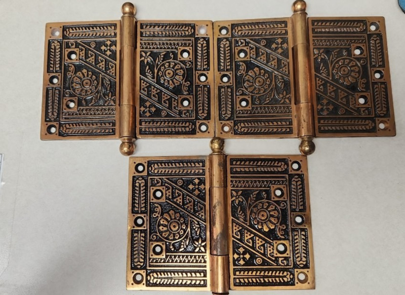 VICTORIAN EASTLAKE BRASS DOOR HINGES SET OF 3. THESE ARE BIG! 5"  X 7"  BALL TIP