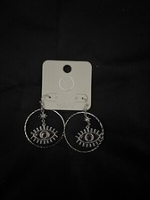 silver dangle hoop evil eye earrings