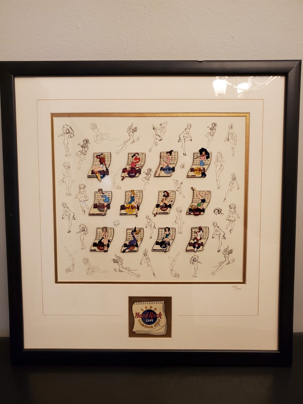 Hard Rock Cafe 1999 Calendar Girls Framed Lapel Pins Limited Edition 729/1999