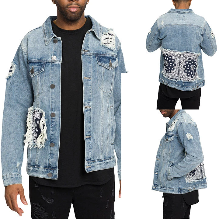 Distressed Denim Jeans with Bandana Paisley Patches