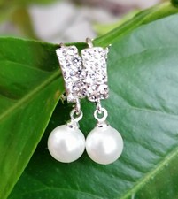 Silver tone hanging pearl hoop earrings like 2 layer diamond ring
