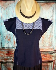 M/L Sz Huipil Top Mayan 2 Tone Blue Handwoven Backstrap Loom Chiapas Mexico Boho