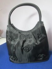 Elegant Black Satin W/ Roses Classy Evening Handbag Purse Round handle 8" X 6"H