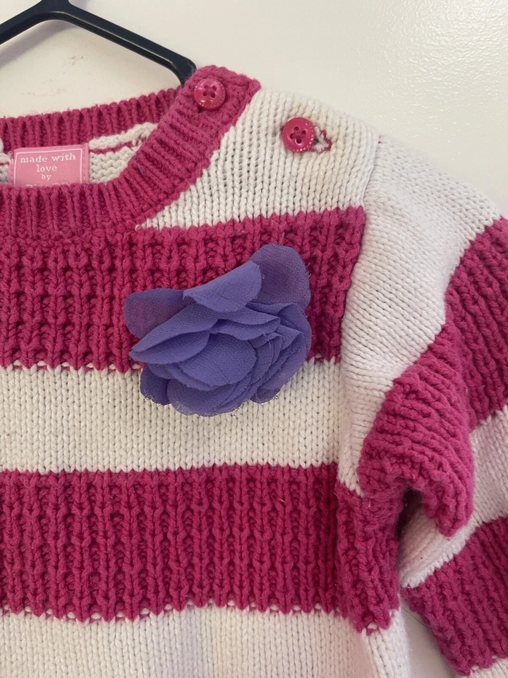 TCP Bebé Niñas Púrpura Flor Rosa Rayas Acogedor Tejido Pullover Suéter Blanco 6-9 M Foto 3 de 4