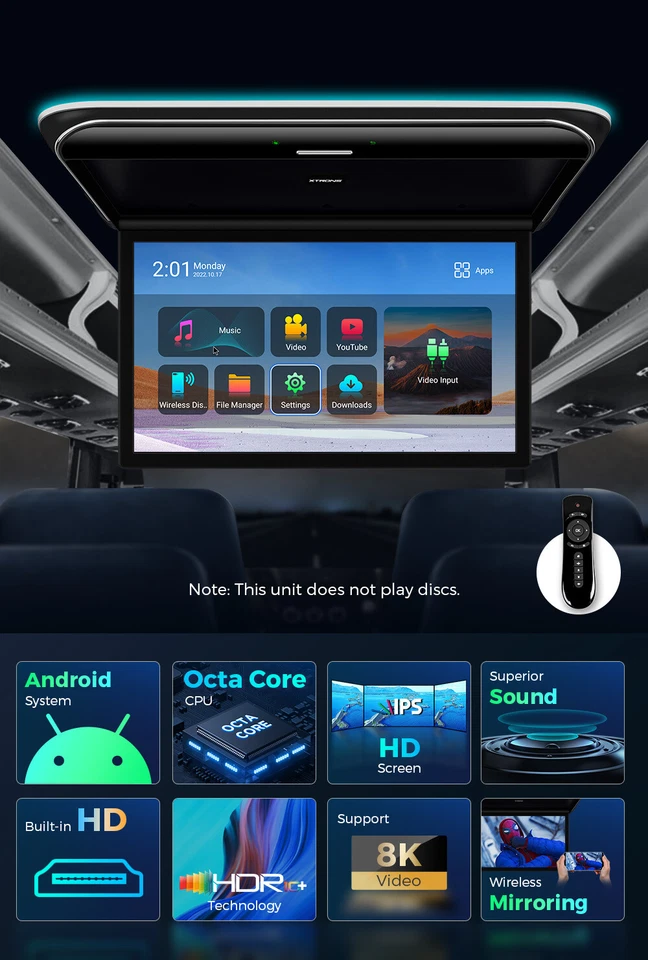 Android Octa Core 19.5" IPS Auto Roof Deckenmonitor HDMI USB 8K Monitor Flipdown - Bild 2 von 4