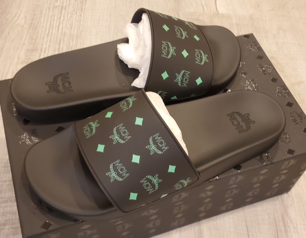 MCM Men's Monogram Black Green Pool Slides, Size 10US (43 EUR) | eBay