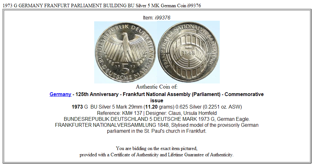 1973 G GERMANY FRANFURT PARLIAMENT BUILDING BU Silver 5 MK German