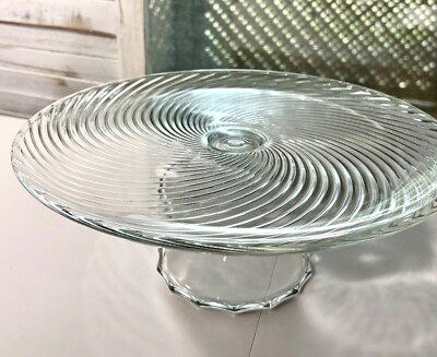 Cake Platter Swirl Design 12.5  Dia Clear Glass Pedestal Base Serving Platter