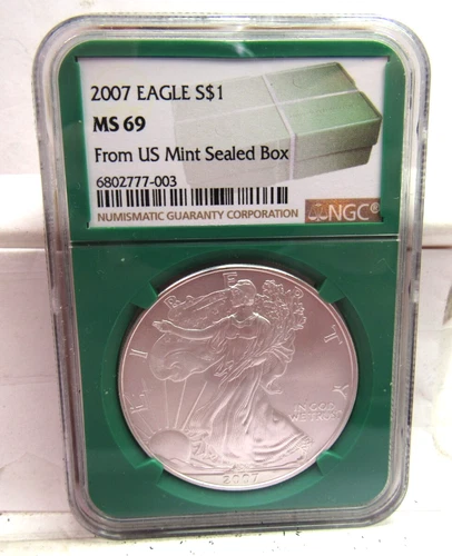 2007 $1 AMERICAN SILVER EAGLE NGC MS69 FROM US MINT SEALED BOX LABEL GREEN CORE