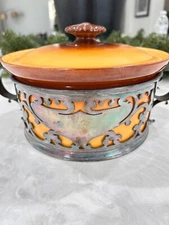 Antique Rosenthal & Co. Bavaria Ceramic Casserole with Lid and Silver Plate Hold