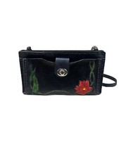 Tooled Leather Painted Floral Boho Micro Mini Crossbody Shoulder Bag Black
