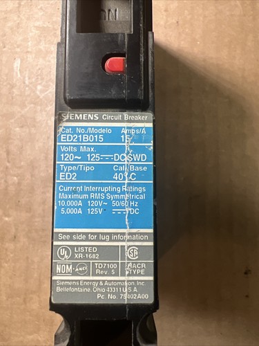 Siemens ED21B015 I-T-E Circuit Breaker 120VAC 125VDC 50/60Hz 15A - Picture 2 of 4