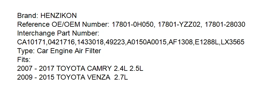 Filtro de aire para Toyota Venza 2009-2015 2,7 L 17801-YZZ02 17801-28030 178010H050 Foto 2 de 4