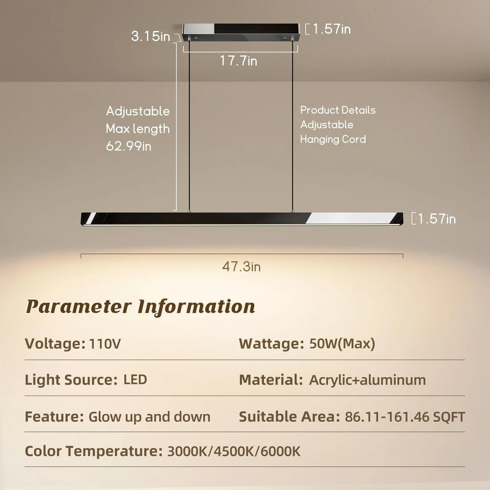 Lámparas colgantes lineales LED CRI≥97 modernas de espectro completo de 47,3"" 50 W negras... Foto 2 de 4