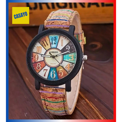 Schöne Vintage Damenuhr - Holzmuster - Armband in Korkeffekt mehrfarbig 20 cm