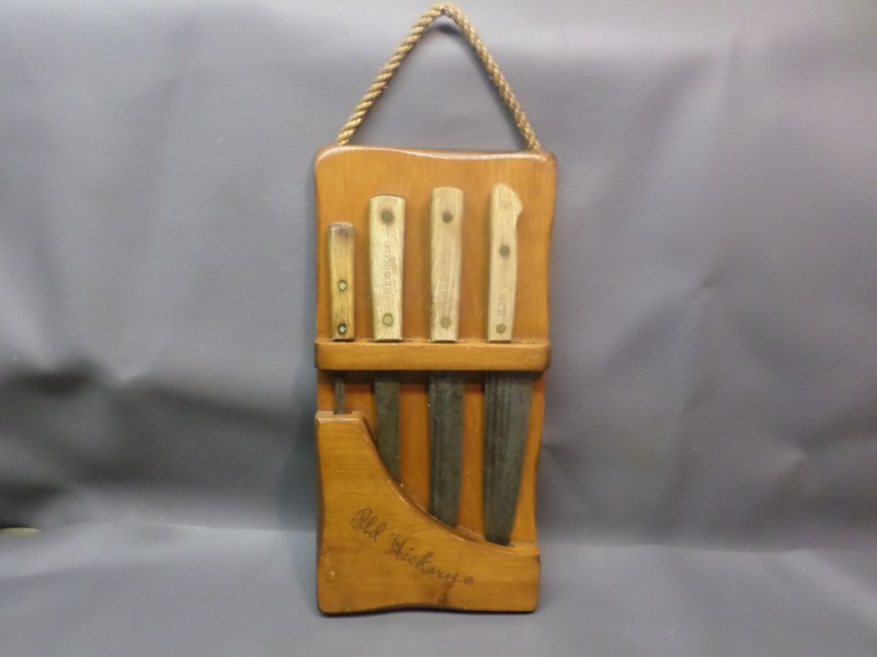 VINTAGE OLD HICKORY WOODEN 4 SLOT KNIFE RACK HOLDER W/ KINVES - OLD HICKORY
