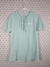 Victorias Secret PINK Mint Lace Front Dog Logo LOVE Tee Shirt SMALL