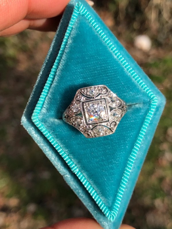 Antique Vintage Art Deco Old Mine Cut Diamond Filigree Ring 14K White Gold