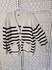 Womens AE American Eagle Beige Black Stripe Cardigan L Oversized Button Pockets