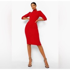 Boohoo Red Choker Detail Puff Sleeve MIDI Dress Size 8 New