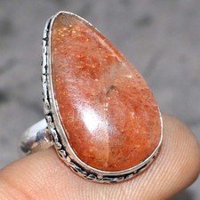 925 Silver Plated Sunstone Ethnic Ring Handmade Jewelry Size US 8 JW