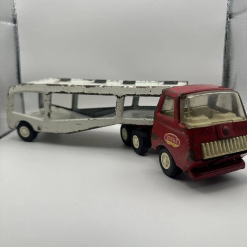 Vintage Tiny Tonka Red White Tonka Car Carrier Truck & Trailer Semi