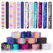 VGOODALL 12 PCS Glitter Slap Bracelet for Kids Sequin Mermaid Bracelet Wristb...