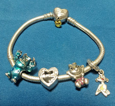 Pandora Moments Heart Clasp 925 Silver Snake Bracelet  W/ 4 Charms Disney Nice