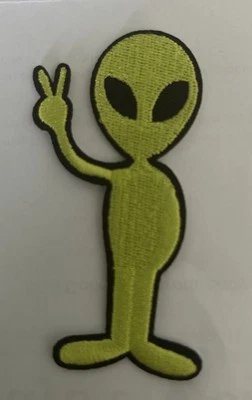 Fluro Green Alien Peace Embroidery Iron On Patch- Extraterrestrial 8.5cmx4cm - Image 1 of 3