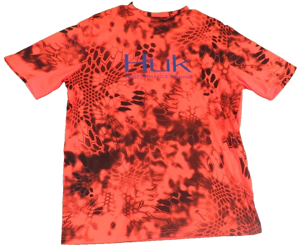 Huk Performance Fishing Shirt Men Size L Orange Camo Short Sleeve Vented Tee Top