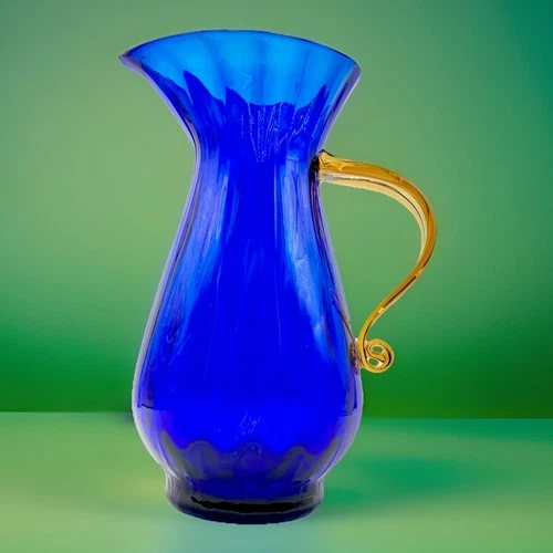 Blenko Cobalt Blue Hand Blown Glass Pitcher Vase Amber Handle 12” Signed