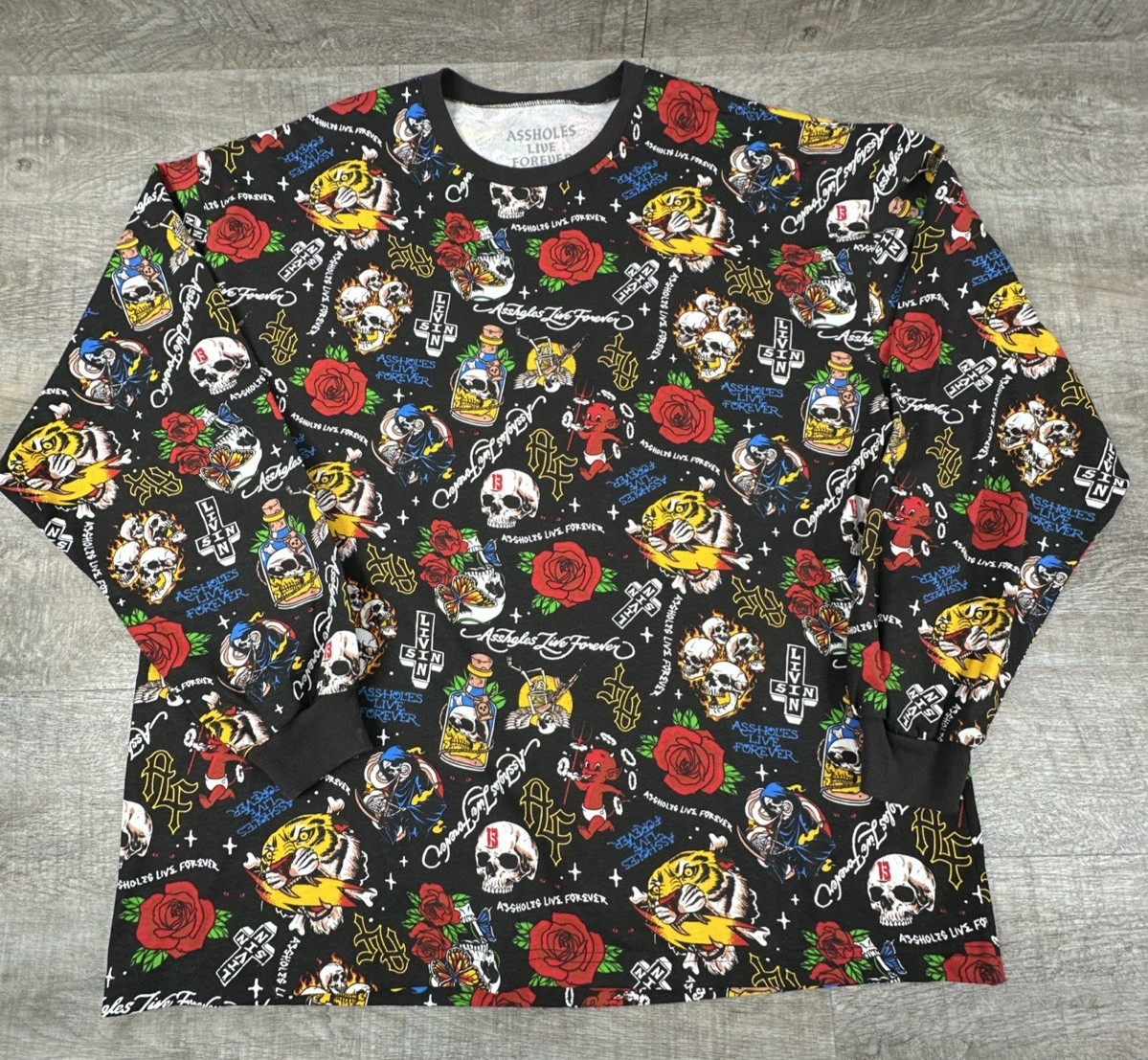 A**holes Live Forever Men's 3XL Black Skull All Over Print Long Sleeve T-Shirt