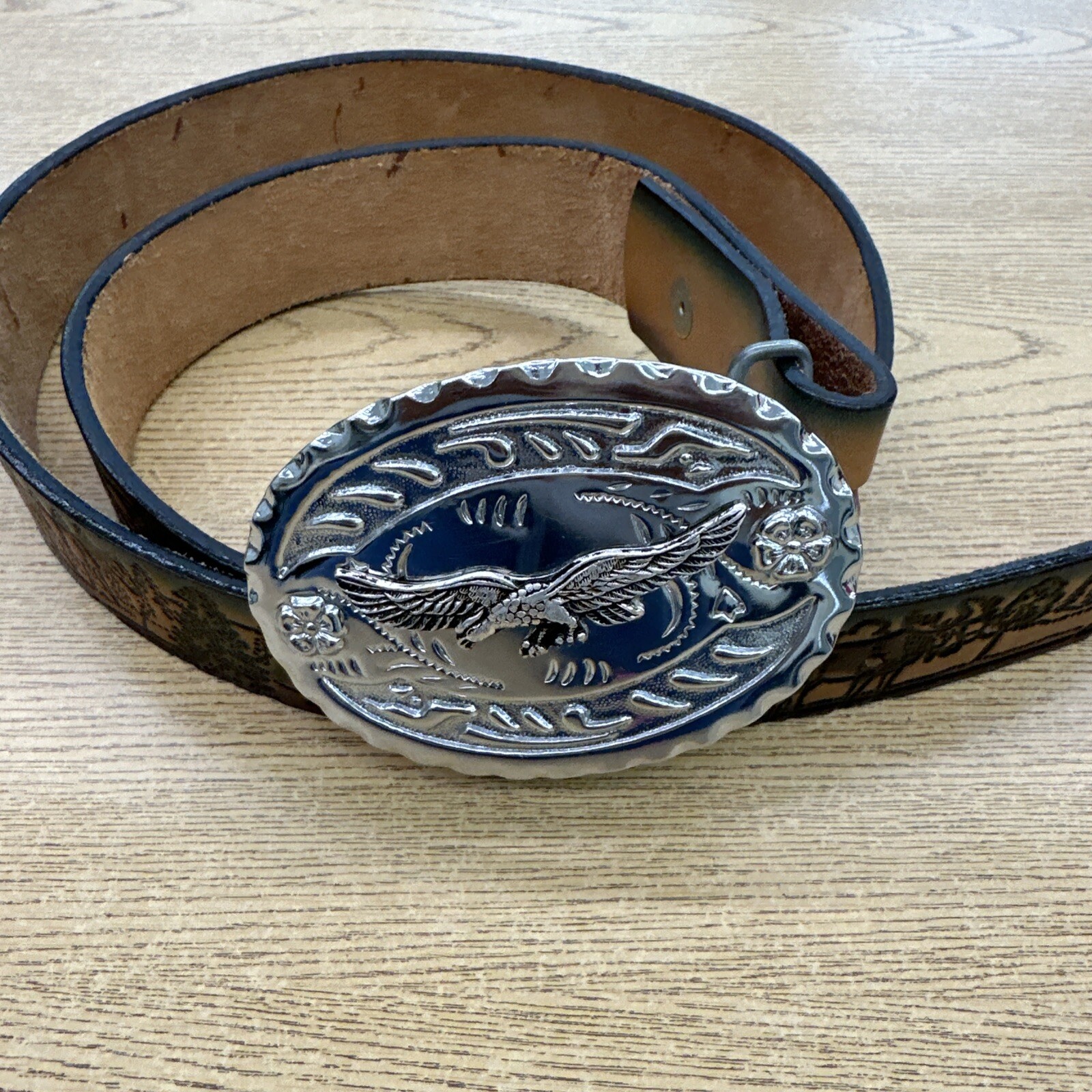 Leather Belt Handcrafted Vintage With Eagle Buckle 48 Inches Excellent Condition-image