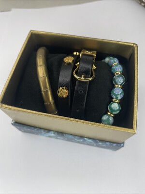 Rustic Cuff Leather And Bead Set Gold And Green