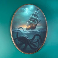 KRAKEN AND SHIP WOODEN DECOR, Fantasy Octopus Wood Plaque, Pirate Wall Decor Art