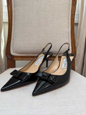 Jimmy Choo Black Patent Leather bow Slingback Heels - Size 38.5 - New with box