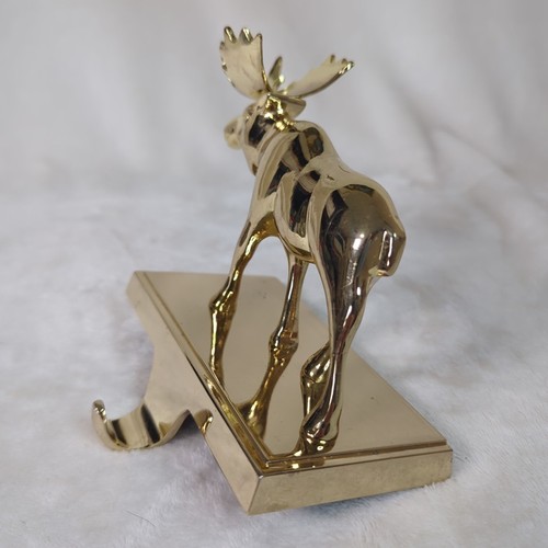 Moose Christmas Stocking Holder Gold Tone Brass Holiday Mantel Decoration VTG - Picture 3 of 6