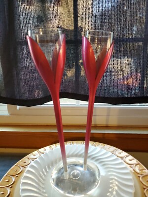 Moet & Chandon Tulip Champagne Flutes Glass Pink Rose Etched Base SET OF 2 (M3)