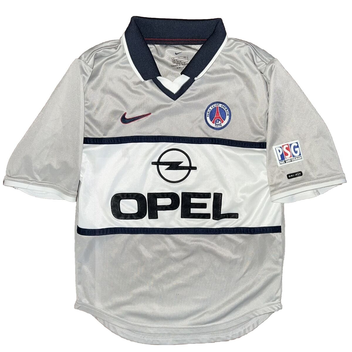 Vtg 90s Youth Nike Opel Paris Saint Germain Soccer Silver Vtg 90s Youth Nike Opel Paris Saint Germain Soccer Silver