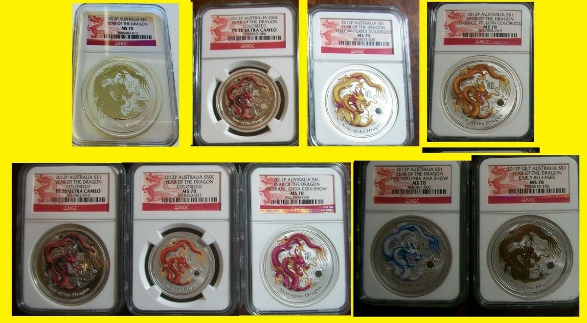 2012 SILVER DRAGON 9 COINS RARE SET ALL Dragon label NGC MS PF 70