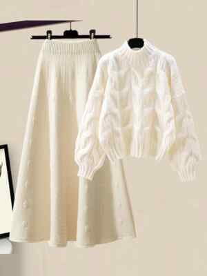Two Piece Sets Outfits Twist Pullover Sweater Thicken Knitted Skirt Sets