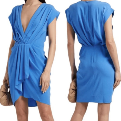 IRO Garm V Neck Wrap-Effect Pleated Crepe Cap Sleeve Mini Dress in Azure Blue