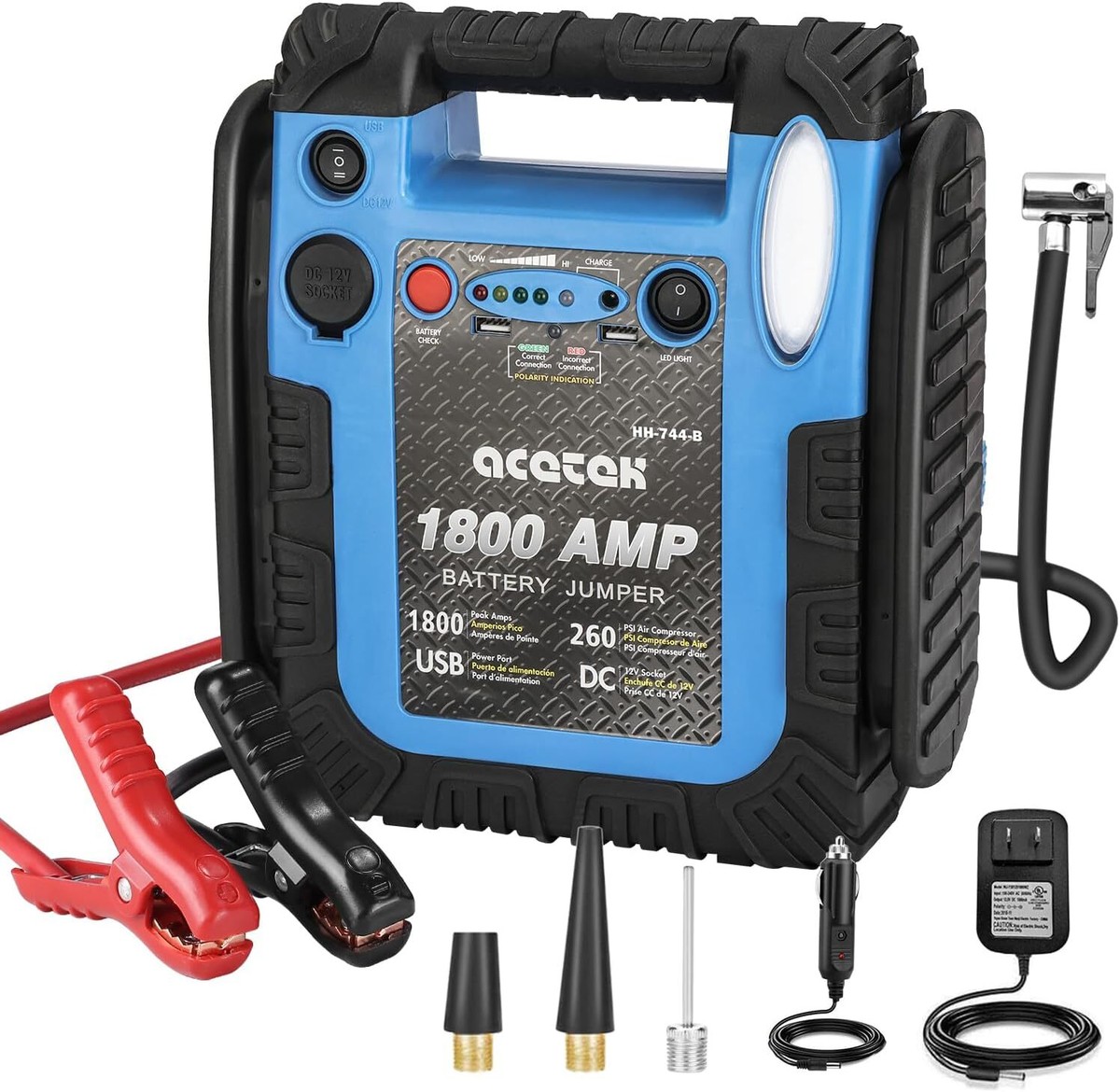 リーベンツールセット AC電源 青 1800 Amp Jump Starter with Air Compressor, acetek Car Battery blue