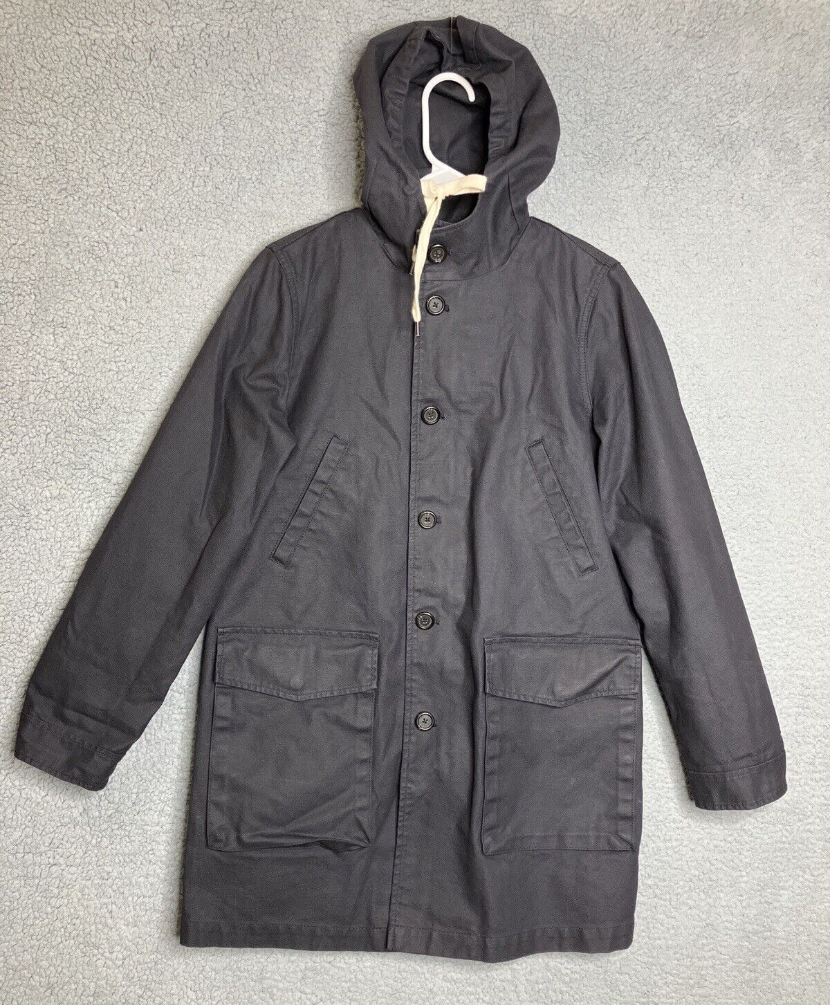 J Crew Mens Utility Cargo Jacket Hooded Small Blue Full Zip Button - Main Image