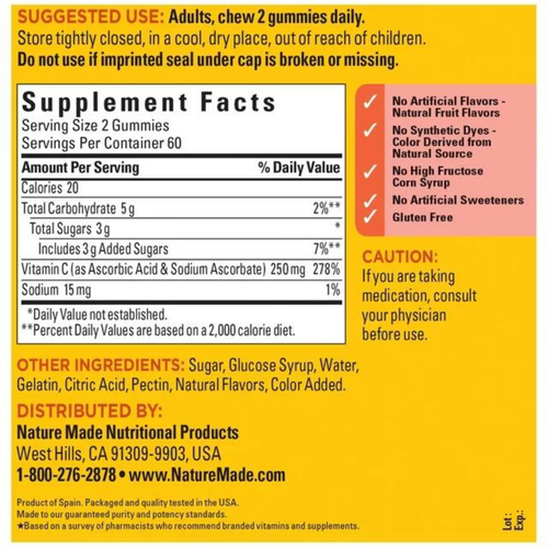 Nature Made Vitamin C Gummies 250 mg Dietary Supplement 120 Count Tangerine - Picture 8 of 12
