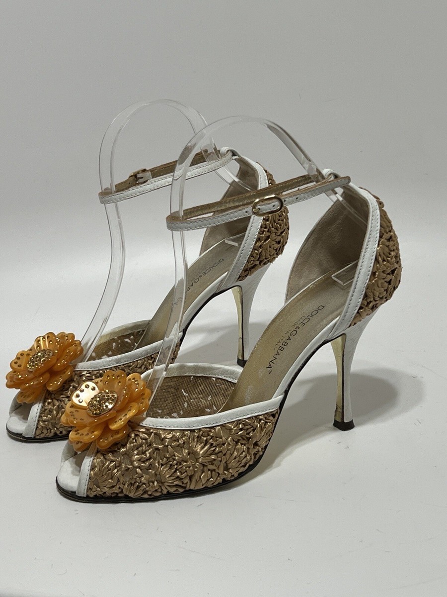 Vtg DOLCE & GABBANA ORANGE CRYSTAL FLOWER STRAW HEELS 37 | eBay